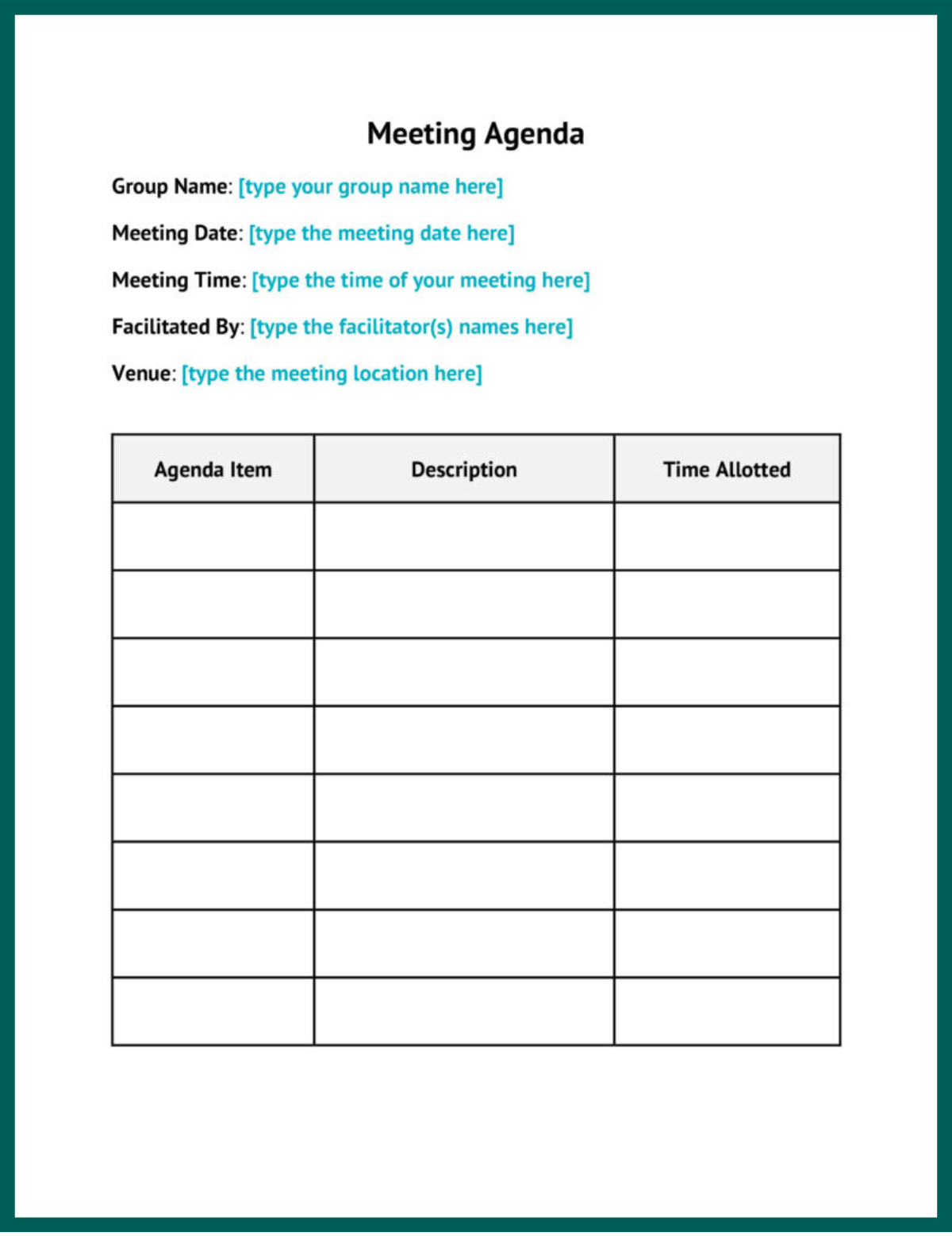 An outline of a meeting agenda with space for items, descriptions and time.