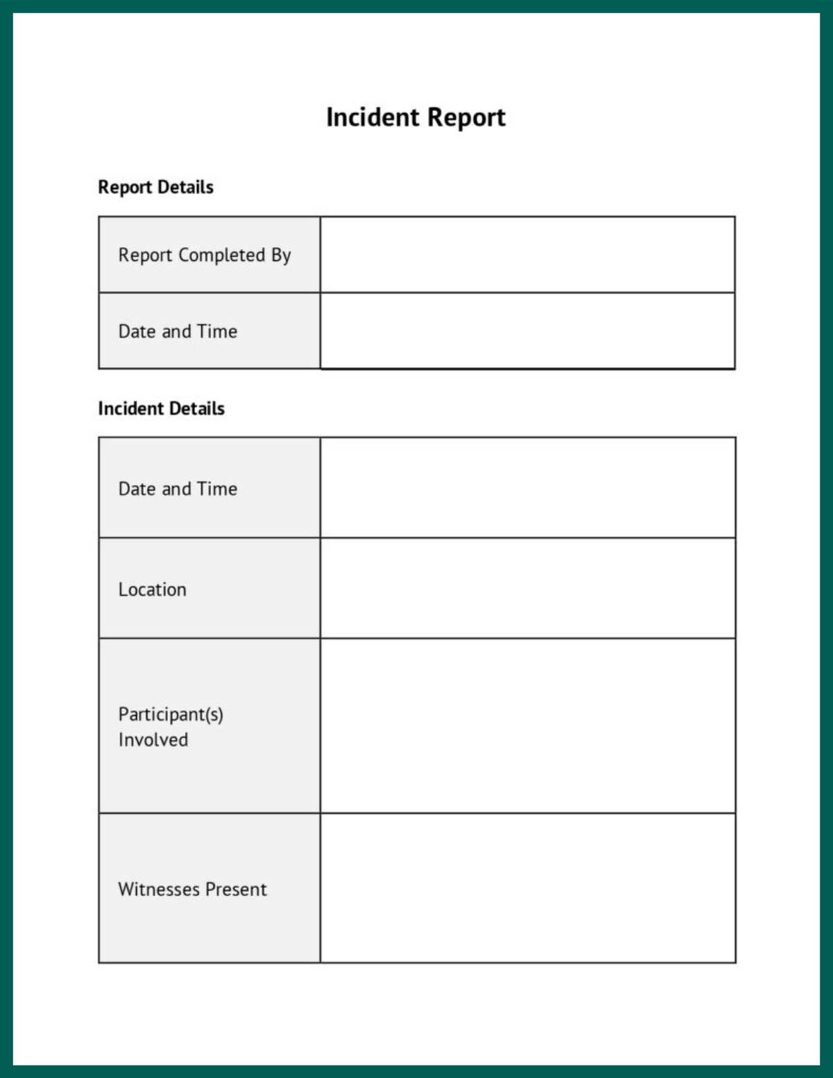 A blank form that can be used to record any incidents, including who was involved, who was a witness and what actions were taken.