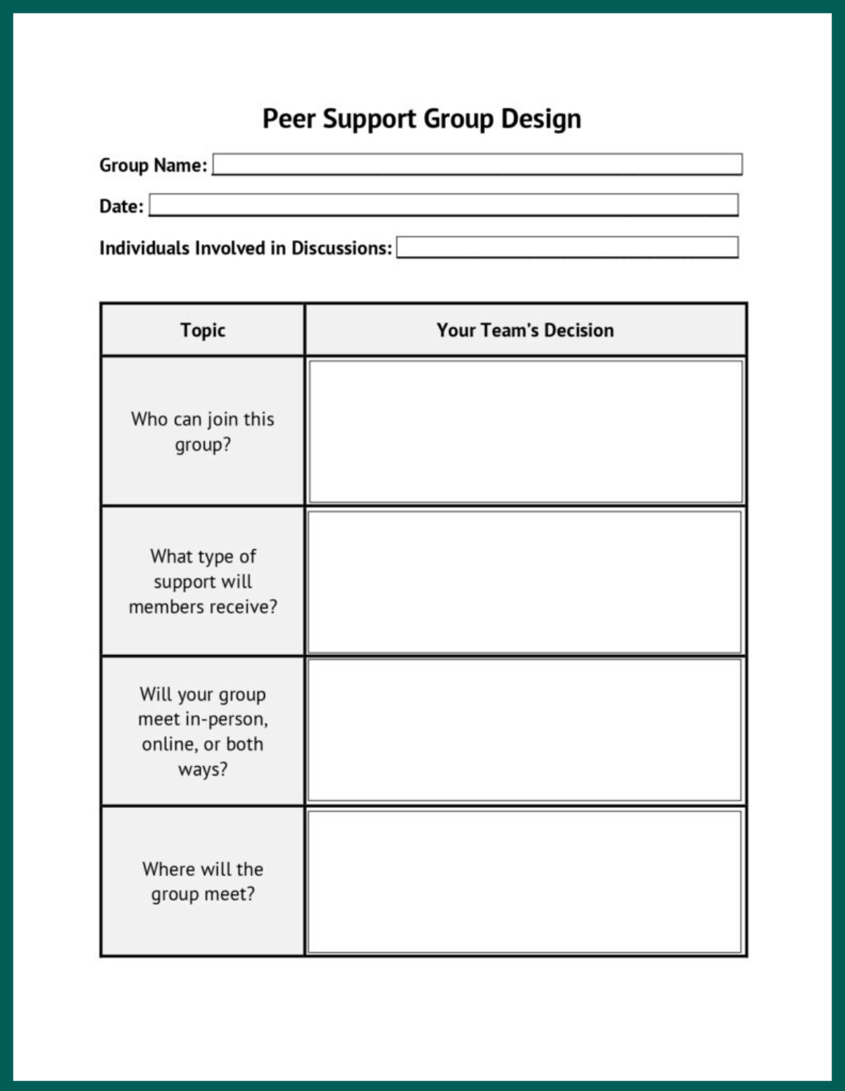 A summary of the questions from the pages before this that cover who can join the group, what type of support will be offered, the format of meetings, etc. 
