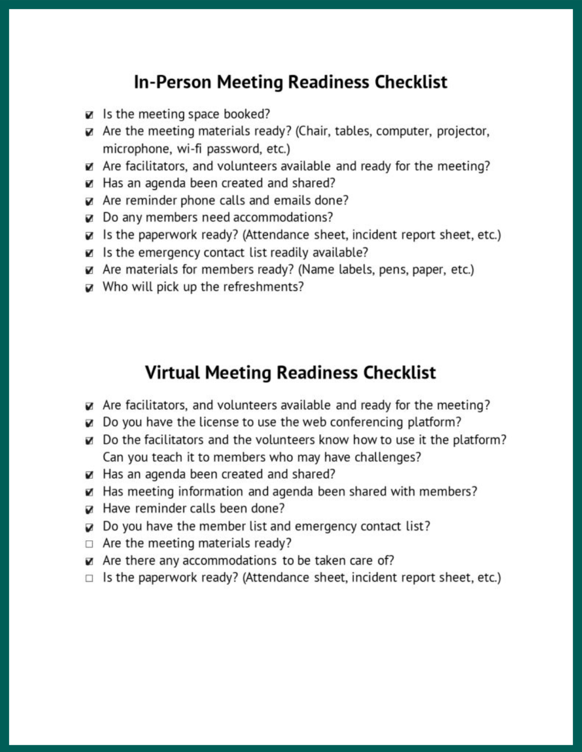A list of things to prepare for in-person or virtual meetings.