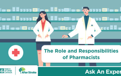 Illustration of two pharmacists. After Stroke logo in bottom-left corner. "The Role and Responsibilities of Pharmacists"