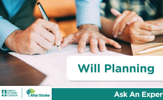 Two adults signing a legal document in pen. After Stroke logo in bottom-left corner. "Will Planning"
