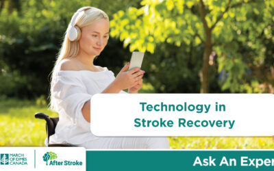 Woman in wheelchair using smartphone outdoors. After Stroke logo in bottom-left corner. "Technology in Stroke Recovery"