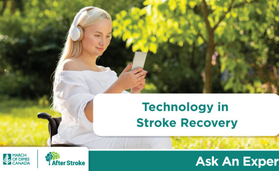 Woman in wheelchair using smartphone outdoors. After Stroke logo in bottom-left corner. "Technology in Stroke Recovery"